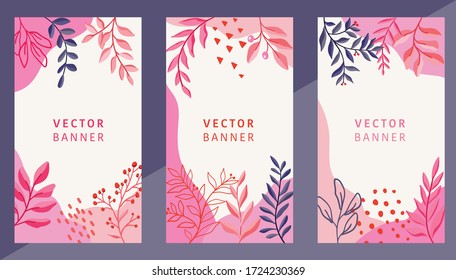 Set of abstract leaves vector modern stories background. Geometric floral illustration template background. Flat colorful liquid shape.