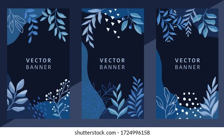 Set of abstract leaves vector modern stories background. Geometric floral illustration template background. Flat colorful liquid shape.