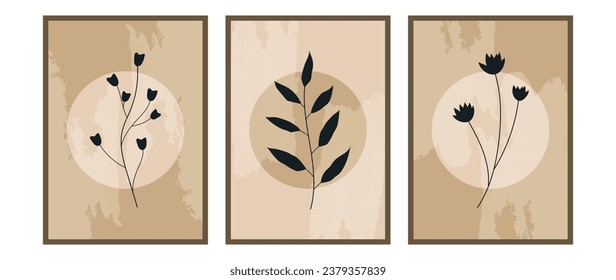 Set of abstract leaves wall art vector. Leaves with watercolor texture, hand drawn organic shapes. Earth tones design, interior decoration collection, poster, cover.	