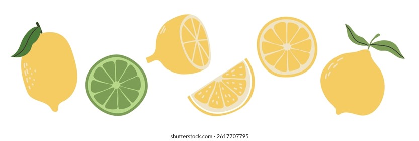 Set of abstract lemon. Simple lemon. Organic tropical fruit for juice, smoothie or healthy food. Fruit collection design for interior, poster, banner.Vector illustration on white background.