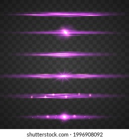Satz abstrakter Linsenfackel, leuchtende Sterne und Funken. Violett-Paket mit horizontalen Objektivfackeln. Glühende violette, rosafarbene Lichteffekte einzeln auf transparentem Hintergrund. Vektorgrafik, eps10.