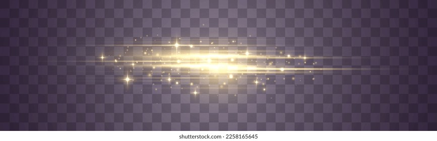 Set of abstract lens flares. Laser sparkle beams, glowing speed rays, dust sparks light effect. Luminous sparkling lined. Yellow soft horizontal neon lines and lights. Flash gold line motion. Vector	