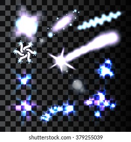 Set of Abstract Lens Flares. Shine Star Illustration. Shine Stars With Glitters. Lights and Sparkles on Transparent Background. Transparent Light Effects for Your Design. Vector Illustration.