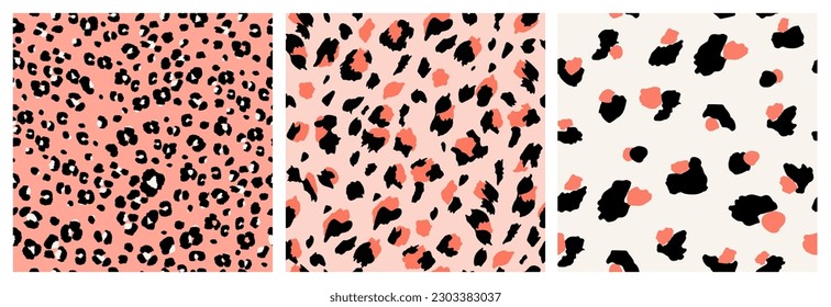 Conjunto de patrones abstractos de piel de leopardo sin foco. Impresión animal. ornamento de folclore geométrico para banner textil, cubierta, papel pintado. Ilustración vectorial.