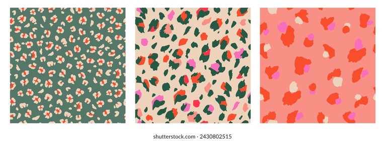 Set of Abstract Leopard Skin Seamless Patterns. Animal print. Colorful flat design ornament for background, textile, poster, cover, wallpaper. Vector illustration.