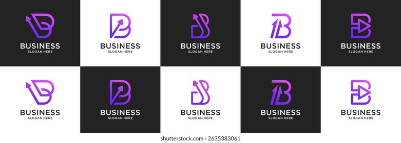 Set of abstract letter B arrow logos. Modern minimal initial B usable for business, financial and technology.