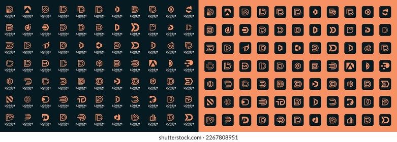 Conjunto de letras abstractas d, una plantilla de logotipo. con color anaranjado, íconos para negocios de moda, deporte, automoción, construcción, tecnología, internet, animal, simple.