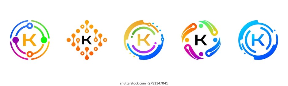 Conjunto de logotipos de tecnologia abstract letter K com gradientes coloridos e elementos de rede circulares. Símbolos futuristas modernos para IA, inovação digital, marcas, aplicativos e empresas de tecnologia