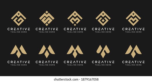 Conjunto de la plantilla de logotipo de letra abstracta M. iconos para negocios de moda, deporte, píxel, tecnología.