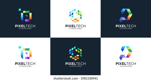 Set of abstract letter p with pixel tech concept logo design