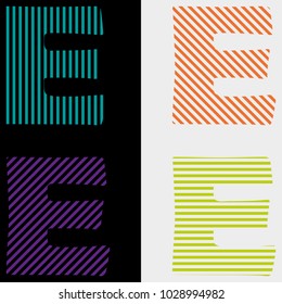 
A set of abstract letters E of strips of horizontal, vertical, diagonal, on a black and white background. 
For design, advertising, trademark, labe.
