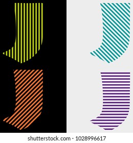 
A set of abstract letters J of strips of horizontal, vertical, diagonal, on a black and white background. 
For design, advertising, trademark, labe.