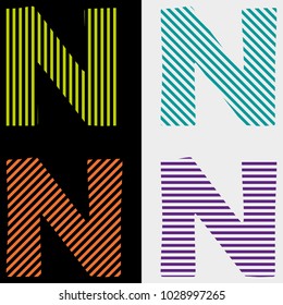 
A set of abstract letters N of strips of horizontal, vertical, diagonal, on a black and white background. 
For design, advertising, trademark, labe.