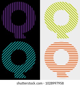 
A set of abstract letters Q of strips of horizontal, vertical, diagonal, on a black and white background. 
For design, advertising, trademark, labe.