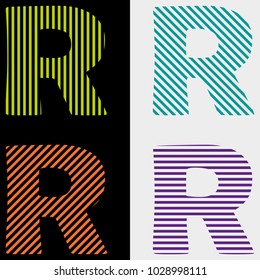 
A set of abstract letters R of strips of horizontal, vertical, diagonal, on a black and white background. 
For design, advertising, trademark, labe.