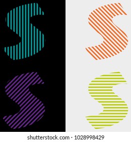 
A set of abstract letters S of strips of horizontal, vertical, diagonal, on a black and white background. 
For design, advertising, trademark, labe.