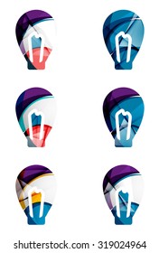 Set of abstract light bulb icons, business logotype idea concepts, clean modern geometric design. Created with transparent abstract wave lines
