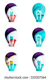 Set of abstract light bulb icons, business logotype idea concepts, clean modern geometric design. Created with transparent abstract wave lines