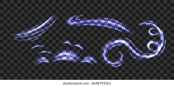 Conjunto de efectos de luz abstractos de aire y viento sobre fondo transparente. Ilustración vectorial apta para materiales publicitarios
