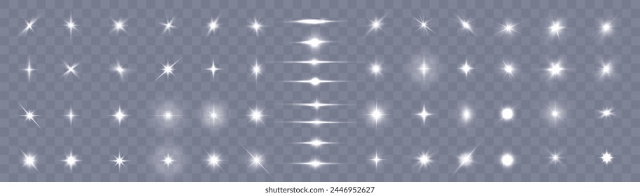 Eine Reihe von abstrakten Lichteffekten von Sternen und Horizontalen Linien, isoliert auf transparentem Hintergrund. Die Strahlkraft heller Highlights. Transparente Lichtbrechung. Vektorgrafik