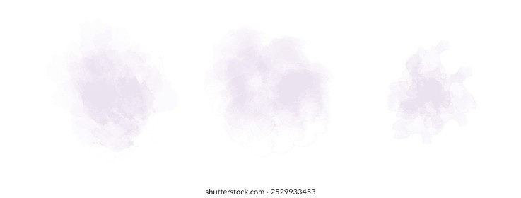 Set of abstract light grayish violet watercolor water splash on a white background. Vector watercolour texture in salad color. Ink paint brush stain. Violet splatters spot. Watercolor pastel splash