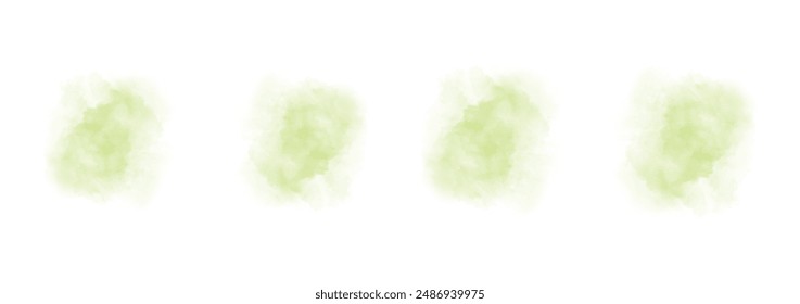 Set of abstract light green watercolor water splash on a white background. Vector watercolour texture in salad color. Ink paint brush stain. Light green splatters spot. Watercolor pastel splash