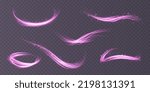 Set of abstract light lines of movement and speed with purple color sparkles. Light everyday glowing effect. semi-circular wave, light trail curve swirl, car headlights, incandescent optical fiber
