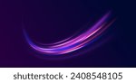Set of abstract light lines of movement and speed. Vector purple ellipse. Racing cars dynamic flash effects city road with long exposure night ligh.