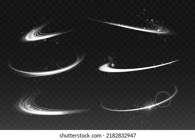 Set of Abstract light lines of movement and speed with white color sparkles. Light everyday glowing effect. semicircular wave, light trail curve swirl, car headlights, incandescent optical fiber png.
