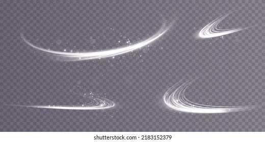 Set of Abstract light lines of movement and speed with white color sparkles. Light everyday glowing effect. semicircular wave, light trail curve swirl, car headlights, incandescent optical fiber png.
