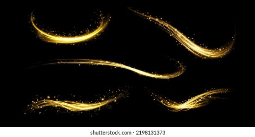 Set of abstract light lines of movement and speed with golden sparkles. Light everyday glowing effect. semi-circular wave, light trail curve swirl, car headlights, incandescent optical fiber
