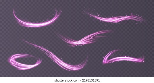 Set of abstract light lines of movement and speed with purple color sparkles. Light everyday glowing effect. semi-circular wave, light trail curve swirl, car headlights, incandescent optical fiber
