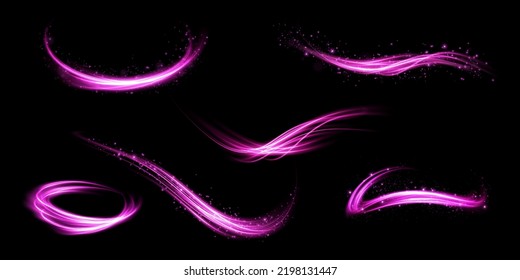 Set of abstract light lines of movement and speed with purple color sparkles. Light everyday glowing effect. semi-circular wave, light trail curve swirl, car headlights, incandescent optical fiber
