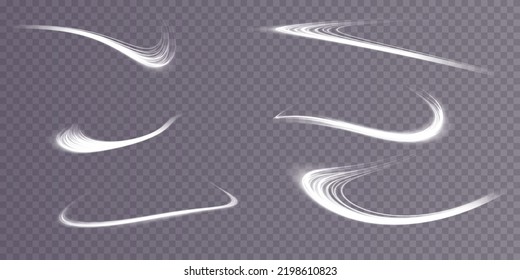 Set of abstract light lines of movement and speed. White. Bright galaxy. Glowing podium. Space tunnel. Light everyday glowing effect. semicircular wave, light vortex wake. bright spiral