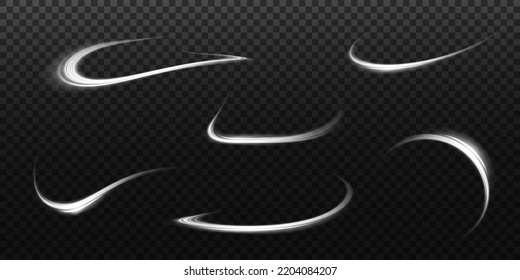 Set of Abstract light lines of movement and speed with white color sparkles. Light everyday glowing effect. semicircular wave, light trail curve swirl, car headlights, incandescent optical fiber png.
