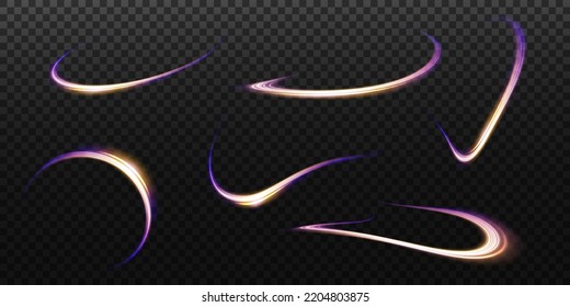 Set of abstract light lines of movement and speed, blue, gold, purple colors. Light everyday glowing effect. semicircular wave, light trail curve swirl, optical fiber incandescent png.
