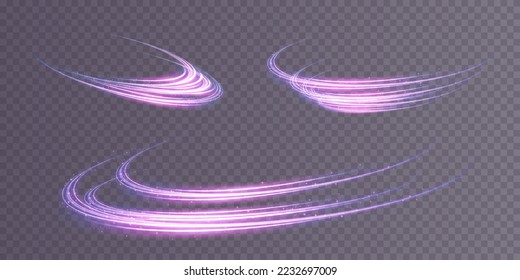 Conjunto de líneas de luz abstractas de movimiento y velocidad, color azul y púrpura. Efecto luminoso diario. onda semicircular, giro de la curva de traza luminosa, png incandescente de fibra óptica.
