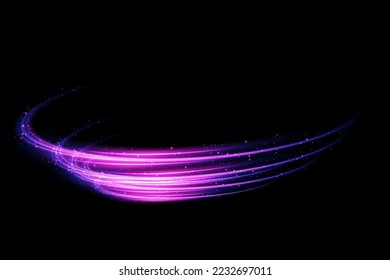 Set of abstract light lines of movement and speed, blue and purple colors. Light everyday glowing effect. semicircular wave, light trail curve swirl, optical fiber incandescent png.
