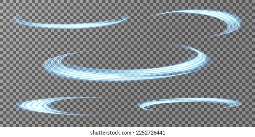 Set of abstract light lines of movement and speed. light blue ellipse. Brilliant galaxy. Glowing podium. Space tunnel. Light everyday glowing effect. semicircular wave, light vortex wake. Bright spira