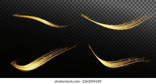 Set of abstract light lines of movement and speed with golden sparkles. Light everyday glowing effect. semi-circular wave, light trail curve swirl, car headlights, incandescent optical fiber
