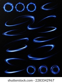 Satz abstrakter Lichtlinien von Bewegung und Geschwindigkeit. hellblaue Ellipse. Brillante Galaxie. Glühendes Podium. Weltraumtunnel. Heller, alltäglicher Lichteffekt. Halbkreiswelle, Lichtwirbel. Helle Spira