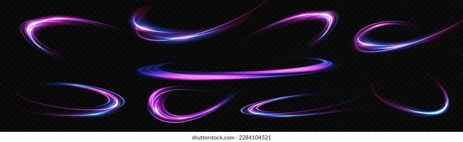 Set of abstract light lines of movement and speed. light blue ellipse. Brilliant galaxy. Glowing podium. Space tunnel. Light everyday glowing effect. semicircular wave, light vortex wake. Bright spira