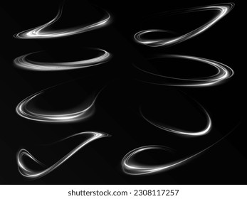 Set of abstract light lines of movement and speed. White. Bright galaxy. Glowing podium. Space tunnel. Light everyday glowing effect. semicircular wave, light vortex wake. bright spiral
