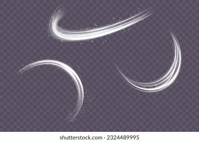 Set of abstract light lines of movement and speed. White. Bright galaxy. Glowing podium. Space tunnel. Light everyday glowing effect. semicircular wave, light vortex wake. bright spiral