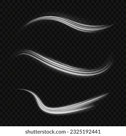 Set of abstract light lines of movement speed. Luminous white circle. Light trail wave, fire path trace line and incandescence curve twirl. Semicircular wave, light vortex wake. Bright spiral vector.