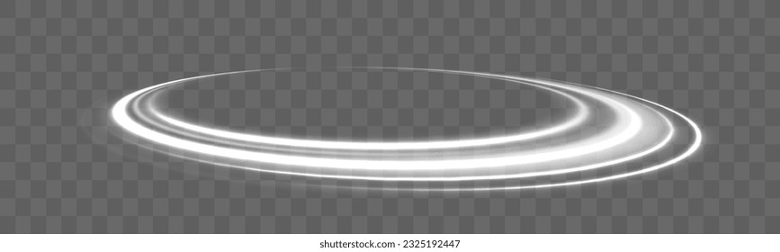 Set of abstract light lines of movement speed. Luminous white circle. Light trail wave, fire path trace line and incandescence curve twirl. Semicircular wave, light vortex wake. Bright spiral vector.