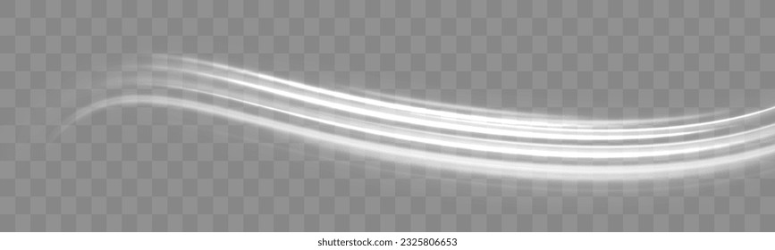Set of abstract light lines of movement speed. Luminous white circle. Light trail wave, fire path trace line and incandescence curve twirl. Semicircular wave, light vortex wake. Bright spiral vector.