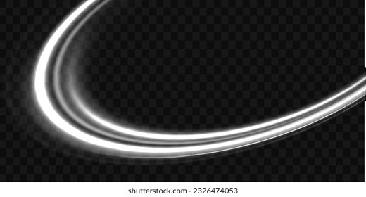 Set of abstract light lines of movement speed. Luminous white circle. Light trail wave, fire path trace line and incandescence curve twirl. Semicircular wave, light vortex wake. Bright spiral vector.