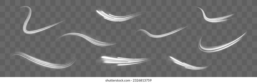 Set of abstract light lines of movement speed. Luminous white circle. Light trail wave, fire path trace line and incandescence curve twirl. Semicircular wave, light vortex wake. Bright spiral vector.