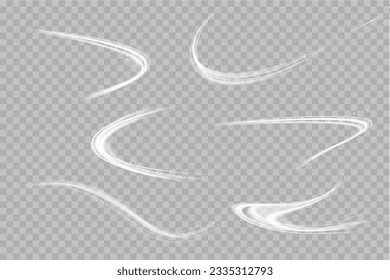 Set of abstract light lines of movement and speed. White. Bright galaxy. Glowing podium. Space tunnel. Light everyday glowing effect. semicircular wave, light vortex wake. bright spiral